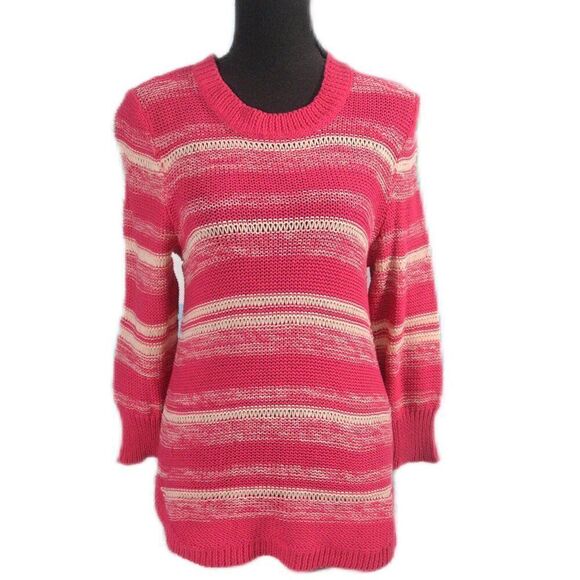 NY Collection Sweater Pink and White Striped Loose Weave Crew Neck Size M - Picture 1 of 9